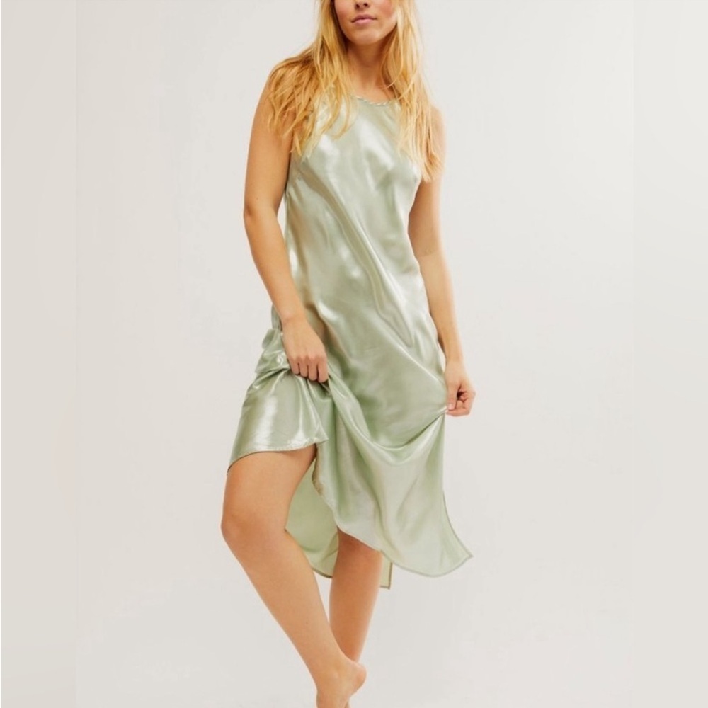 FREE PEOPLE Sunset Shimmer Midi Slip Dress Sage Green Foil NEW Size XL